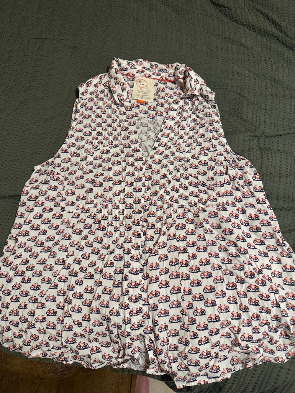 Anthropologie White Blouse with Red & Navy Bicycle Print